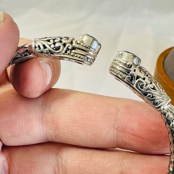 Sterling Silver 925 Mystic Topaz Hinged Bangle Bracelet Pierced Scroll Design - Picture 4 of 8